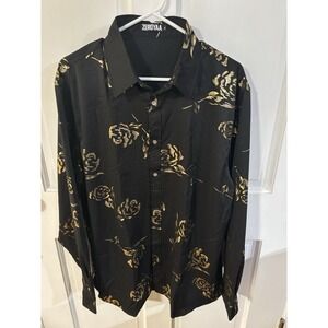 Zeroyaa Men's Night Club Shirt Black With Shiny Gold Roses XL New‎ Without Tags